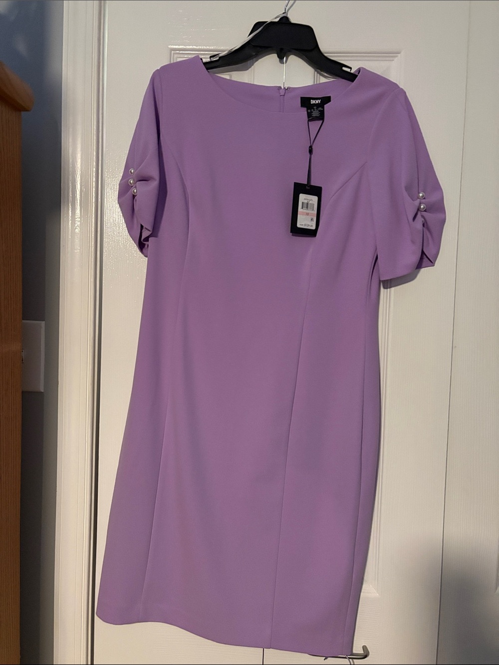 DKNY Lavender Short Sleeve Shift Dress with Pearl Sleeve Accents